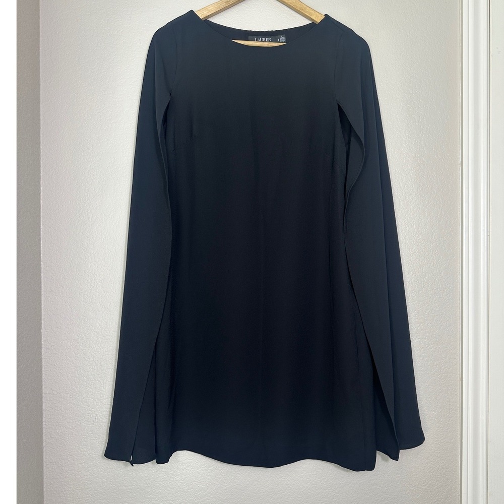 Lauren Ralph Lauren Cape Dress Crepe Women Size 8 Black Boat Neck Shift Mini - Picture 2 of 7